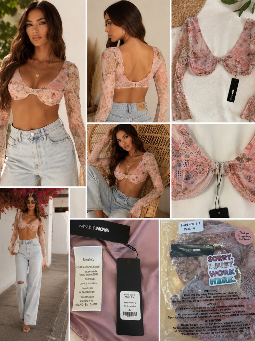 Fashion Nova Crop Top Large Pink Floral Sheer Underwire Milkmaid Cottagecore NWT